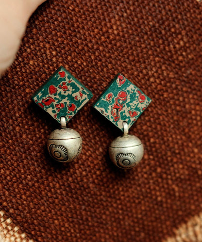 Vintage Silk Sterling Silver Print Square Drop Earrings