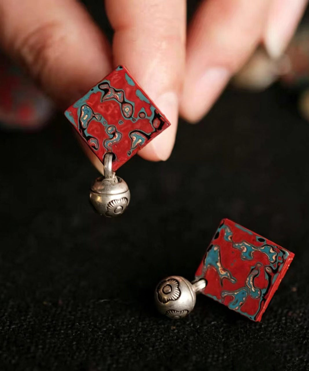 Vintage Silver-Plated Alloy Square Bell Stud Earrings