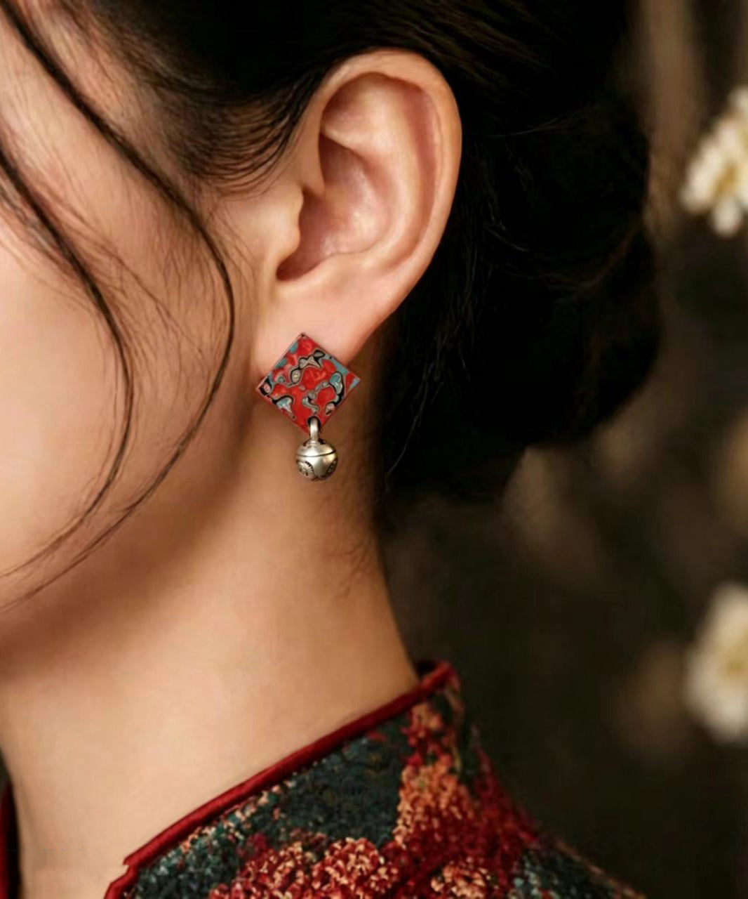 Vintage Silver-Plated Alloy Square Bell Stud Earrings