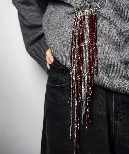 Vintage Silver Red Alloy Imitation Crystal Tassel Seed Beads Brooches