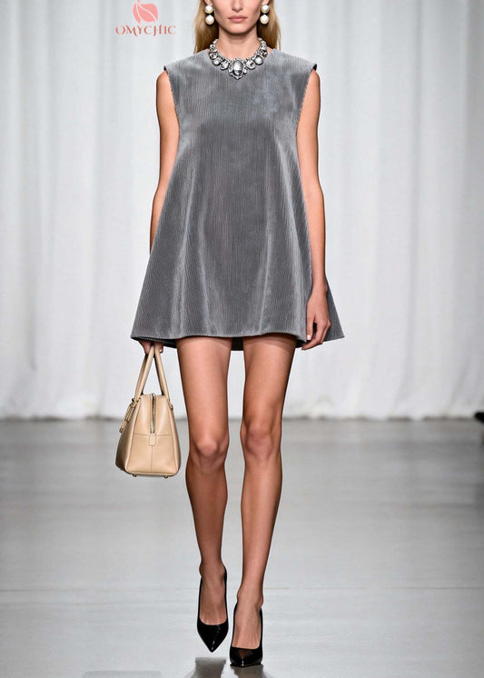 Vintage Silvery O-Neck Corduroy A Line Dress Sleeveless