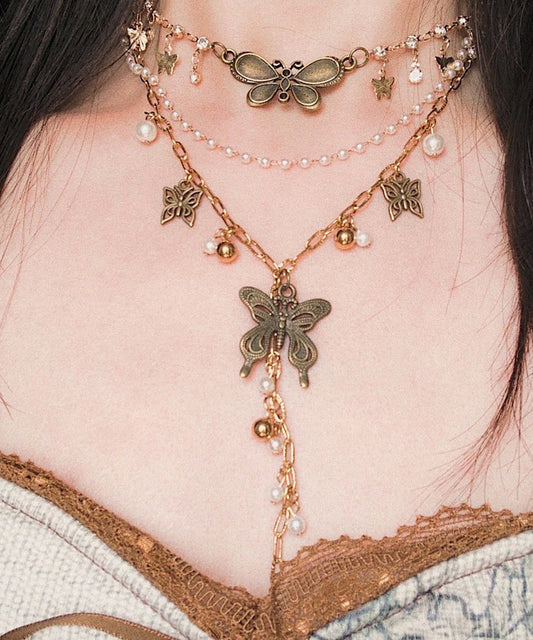 Vintage Stainless Steel Butterfly Multi-Layer Pendant Necklace