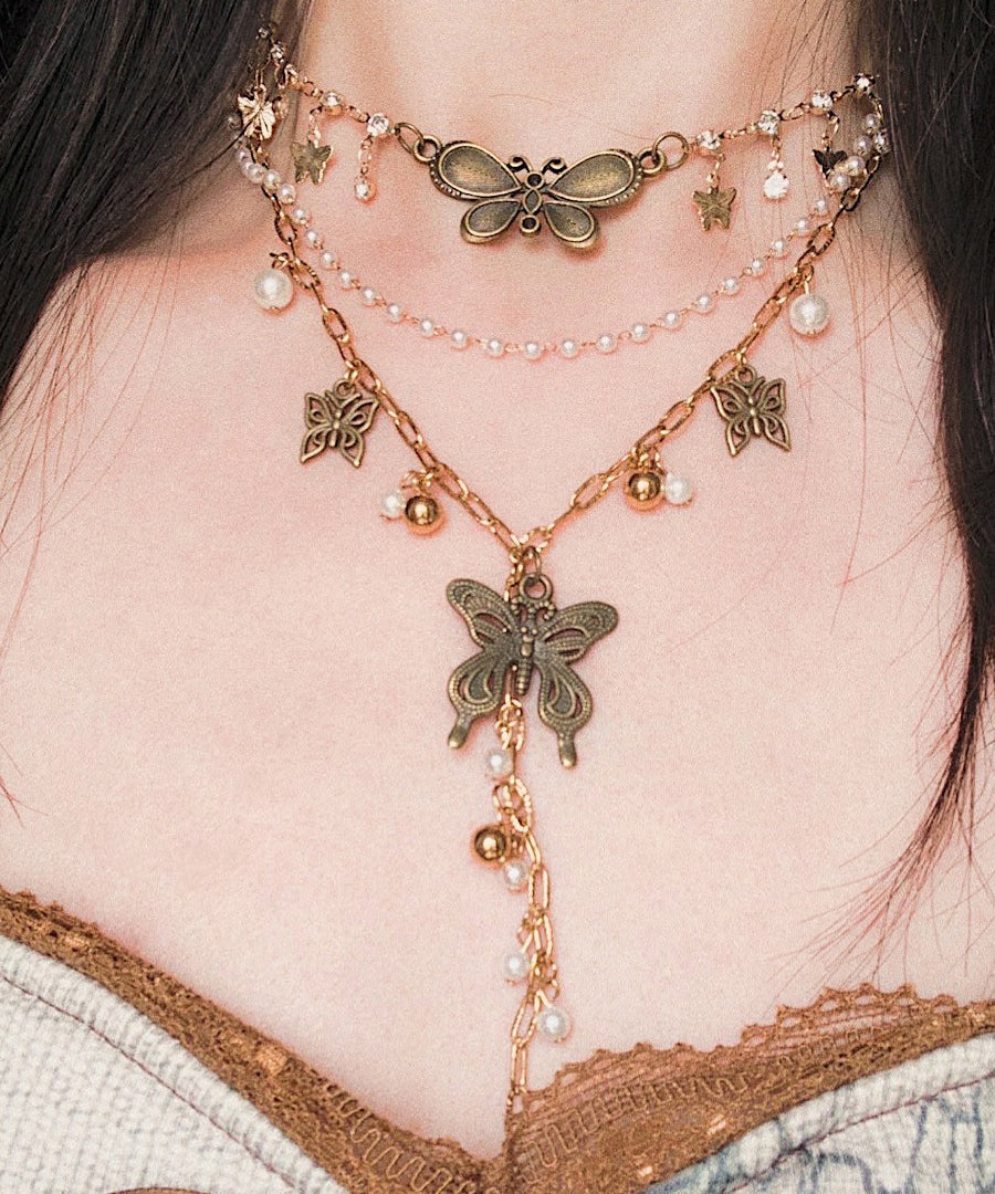 Vintage Stainless Steel Butterfly Multi-Layer Pendant Necklace