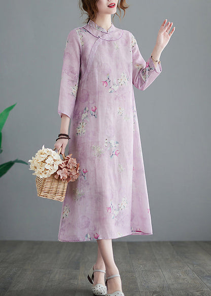 Vintage Stand Collar Button Print Linen Cheongsam Dress Three Quarter sleeve