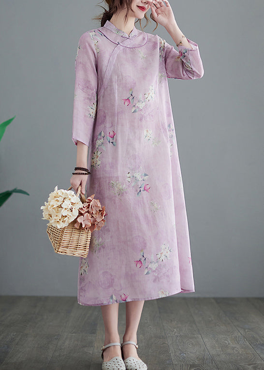 Vintage Stand Collar Button Print Linen Cheongsam Dress Three Quarter sleeve