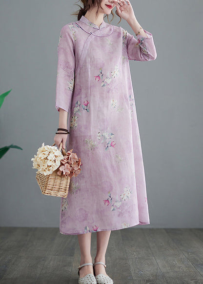 Vintage Stand Collar Button Print Linen Cheongsam Dress Three Quarter sleeve