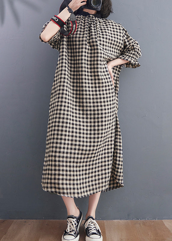 Vintage Stand Collar Large Plaid Linen Dress Petal Sleeve