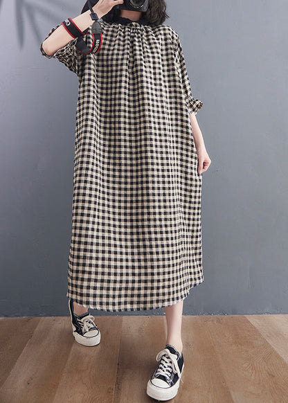 Vintage Stand Collar Large Plaid Linen Dress Petal Sleeve