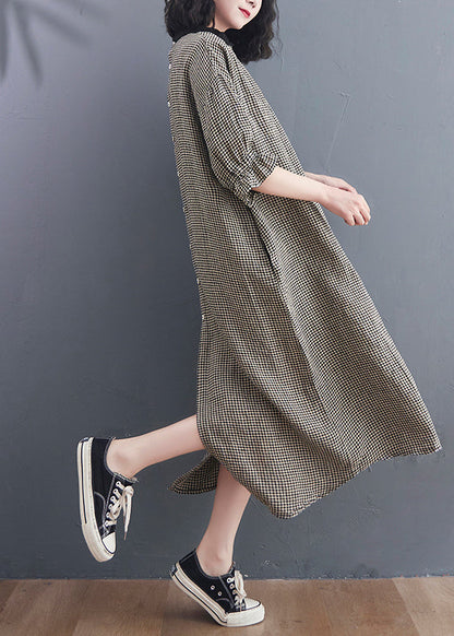 Vintage Stand Collar Large Plaid Linen Dress Petal Sleeve