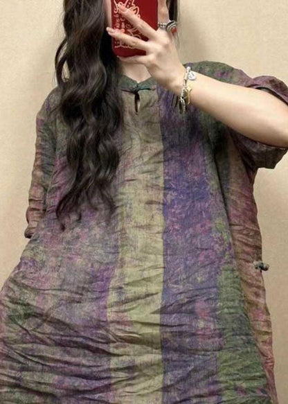 Vintage Stand Collar Oriental Button Cotton Mid Dress Summer