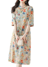 Load image into Gallery viewer, Vintage Stand Collar Print Chinese Button Cotton Dress Summer