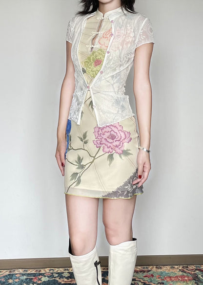 Vintage Stand Collar Print Chinese Button Tulle Dress Sleeveless