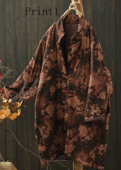 Vintage Stand Collar Print Oriental Button Fine Cotton Filled Coat Spring