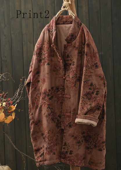 Vintage Stand Collar Print Oriental Button Fine Cotton Filled Coat Spring