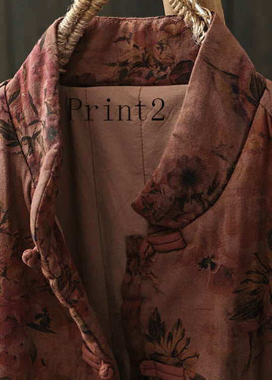 Vintage Stand Collar Print Oriental Button Fine Cotton Filled Coat Spring
