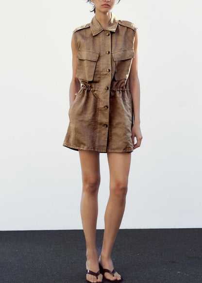 Vintage Tan Peter Pan Collar Button Cotton Mid Dress Sleeveless