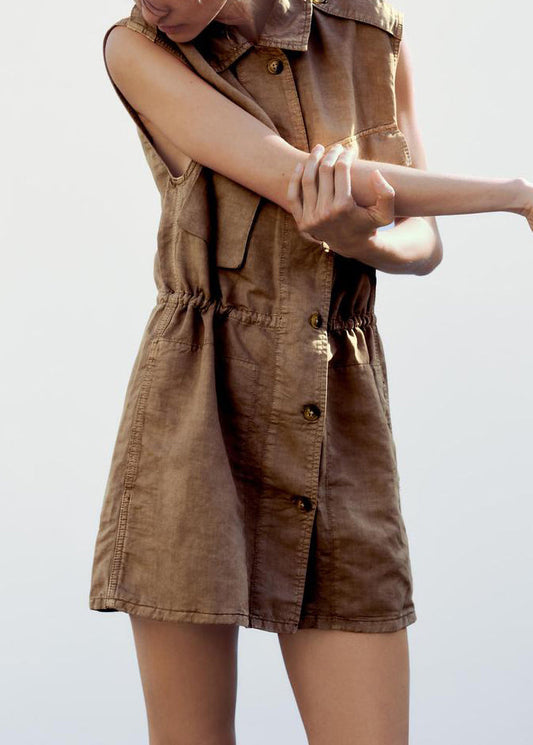 Vintage Tan Peter Pan Collar Button Cotton Mid Dress Sleeveless