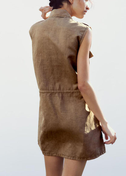 Vintage Tan Peter Pan Collar Button Cotton Mid Dress Sleeveless