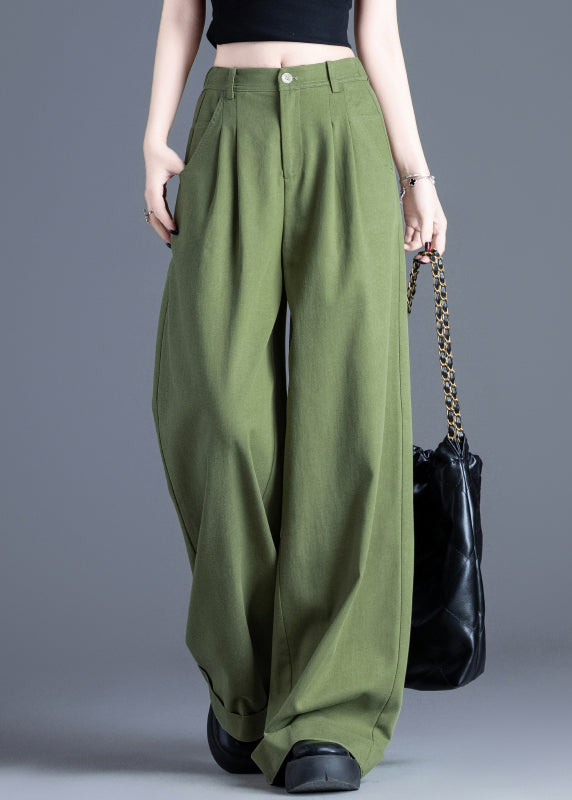Vintage Tea Green Elastic Waist Cotton Wide Leg Pants Spring