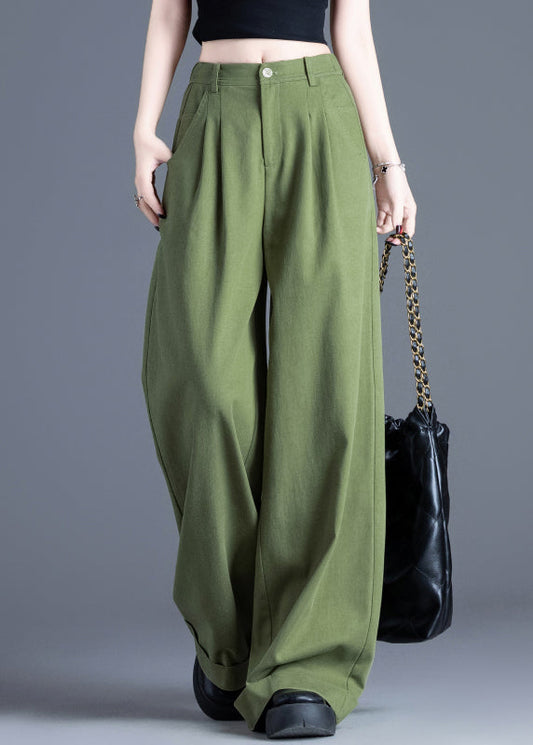 Vintage Tea Green Elastic Waist Cotton Wide Leg Pants Spring