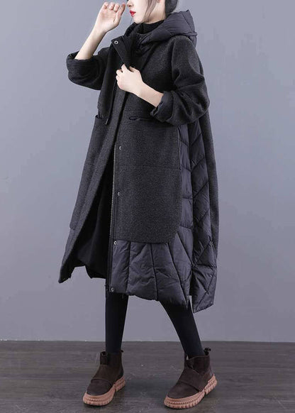 Vintage Tea Green Hooded Patchwork Woolen Winter Coat