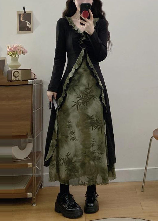 Vintage Tea Green Ruffled Patchwork Bamboo Print Cotton Dress Fall