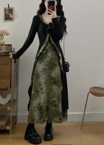 Vintage Tea Green Ruffled Patchwork Bamboo Print Cotton Dress Fall