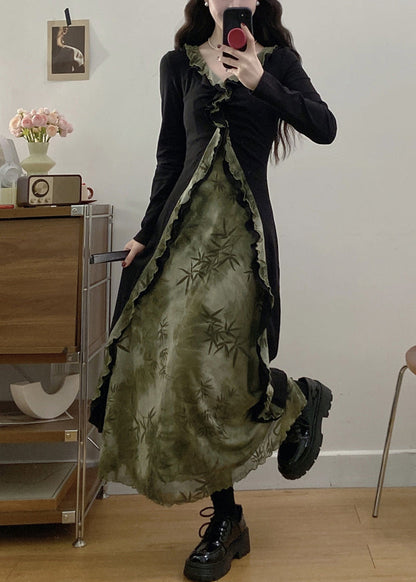 Vintage Tea Green Ruffled Patchwork Bamboo Print Cotton Dress Fall