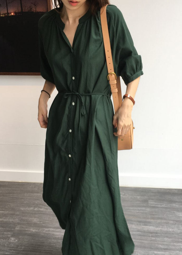 Vintage Tea Green side open Cotton shirt long Dress Half Sleeve