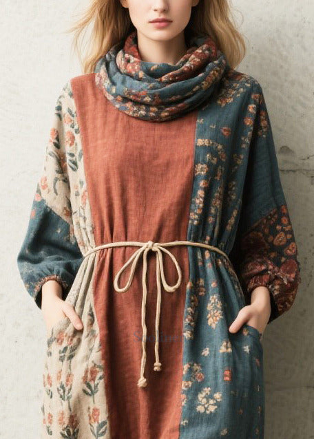 Vintage Tie Waist Print Cotton Vacation Dress Fall