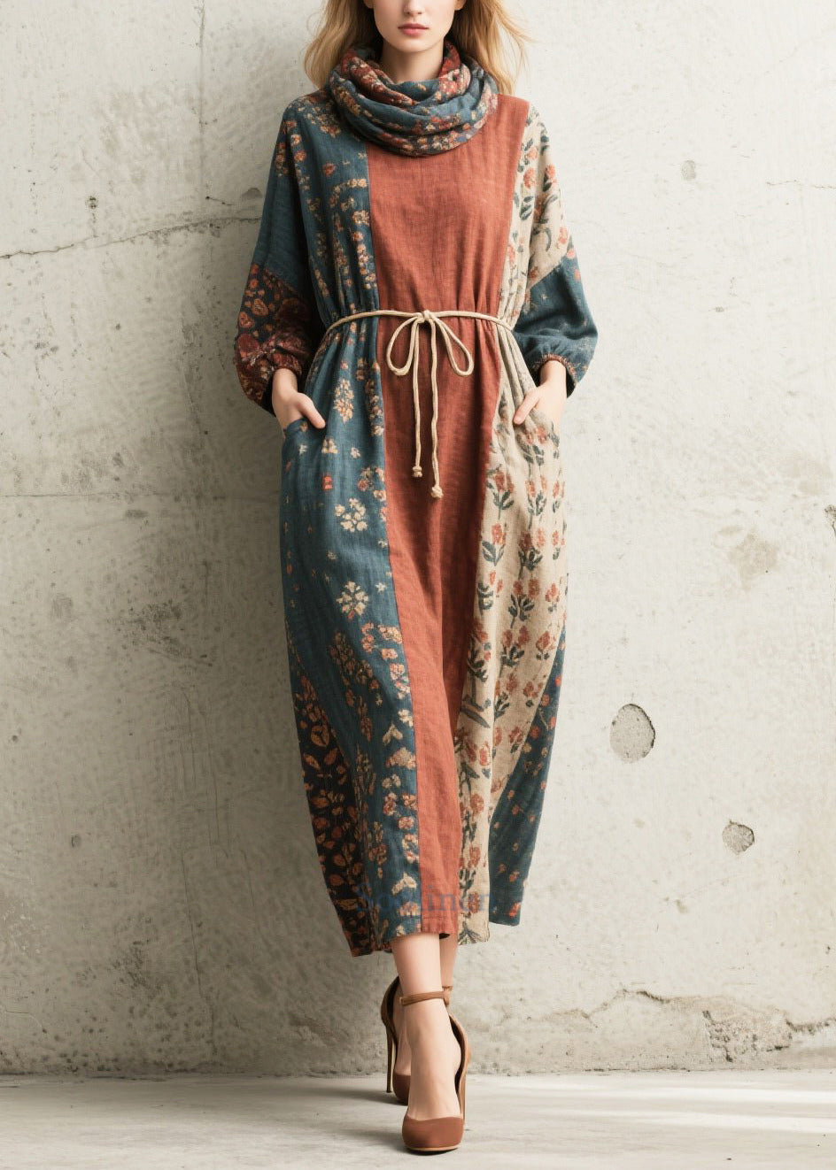 Vintage Tie Waist Print Cotton Vacation Dress Fall