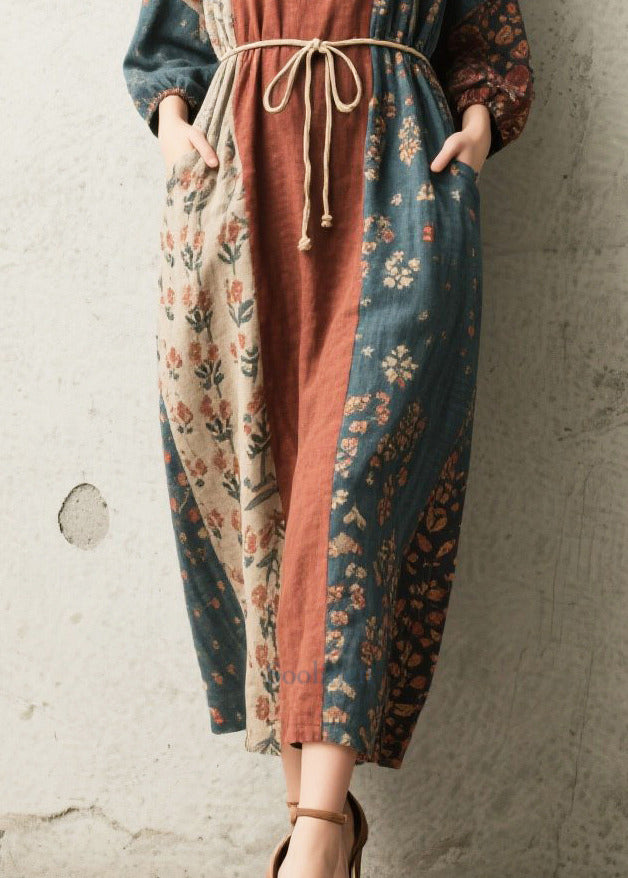 Vintage Tie Waist Print Cotton Vacation Dress Fall