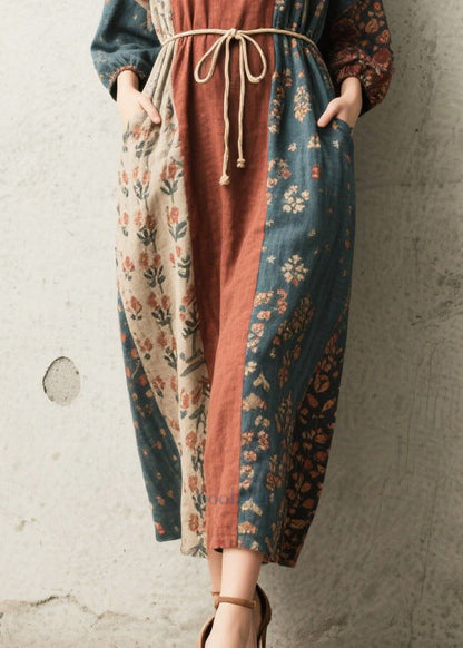 Vintage Tie Waist Print Cotton Vacation Dress Fall