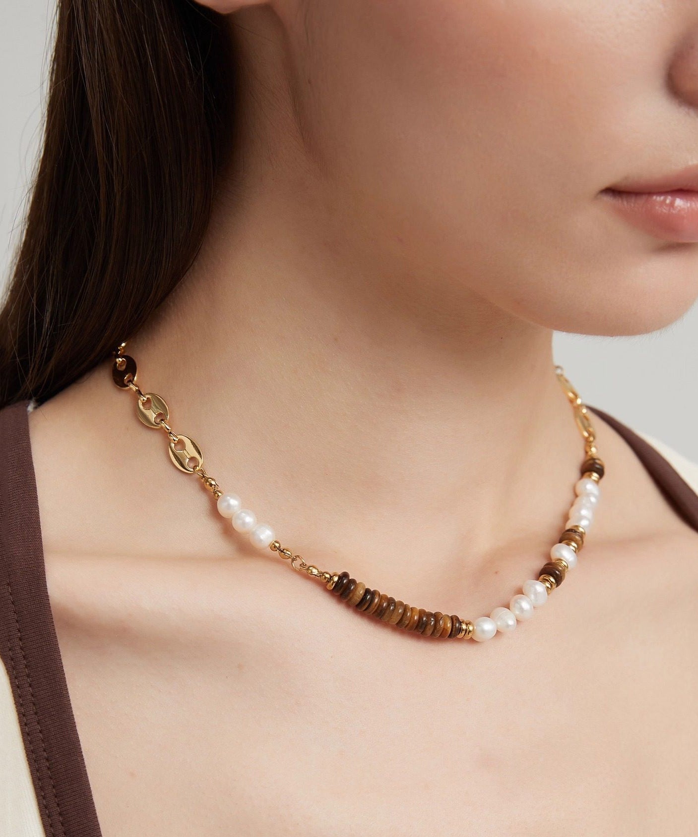 Vintage Tiger's Eye With Fine Pearl Gratuated Bead Necklace