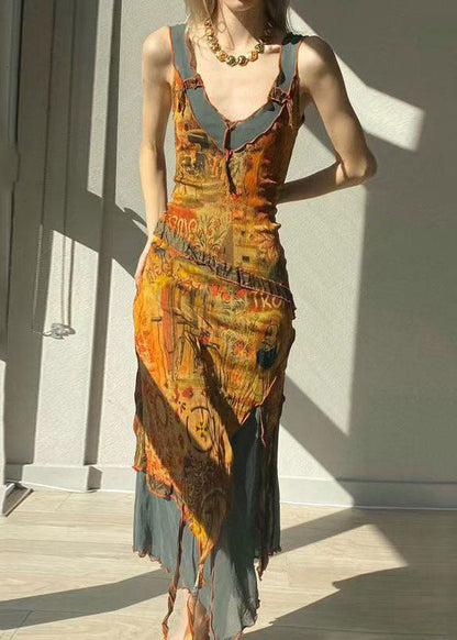 Vintage V Neck Asymmetrical Print Tulle Patchwork Long Spaghetti Strap Dress Summer