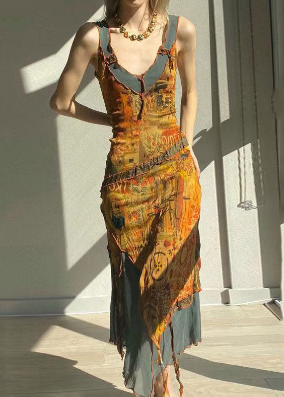 Vintage V Neck Asymmetrical Print Tulle Patchwork Long Spaghetti Strap Dress Summer