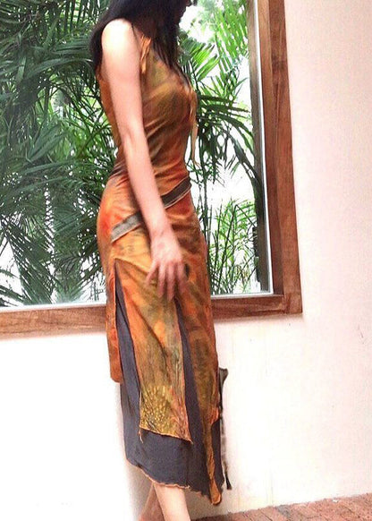 Vintage V Neck Asymmetrical Print Tulle Patchwork Long Spaghetti Strap Dress Summer