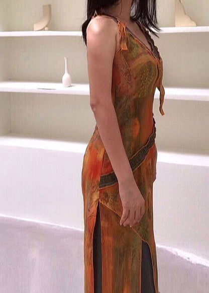 Vintage V Neck Asymmetrical Print Tulle Patchwork Long Spaghetti Strap Dress Summer