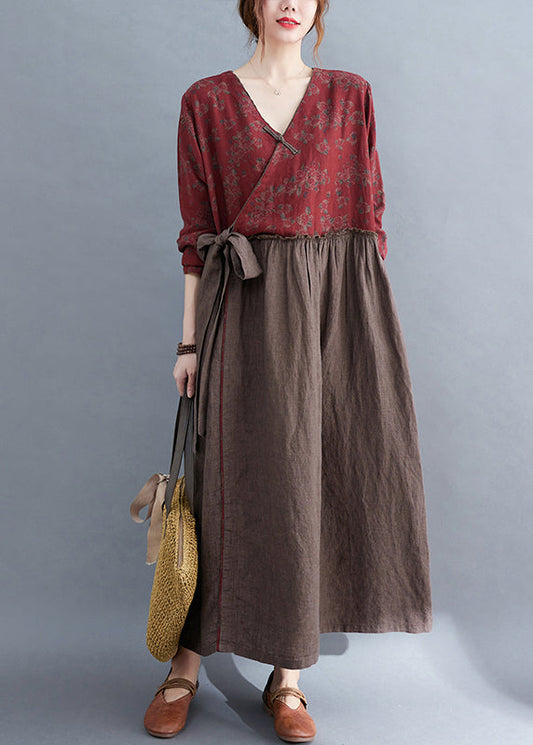 Vintage V Neck tie waist Ruffled Patchwork Print Linen Dress Long Sleeve