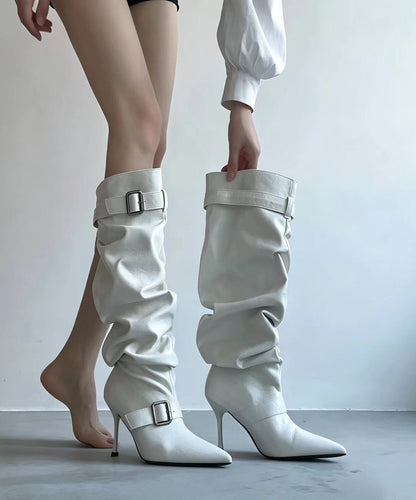 Vintage White Buckle Strap Pointed Toe Ruched Stiletto Knee High Boots