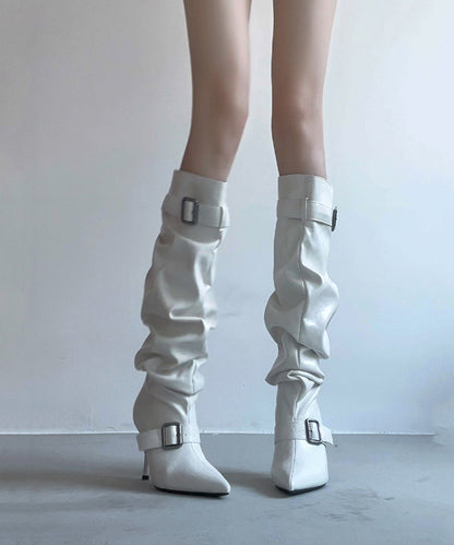 Vintage White Buckle Strap Pointed Toe Ruched Stiletto Knee High Boots