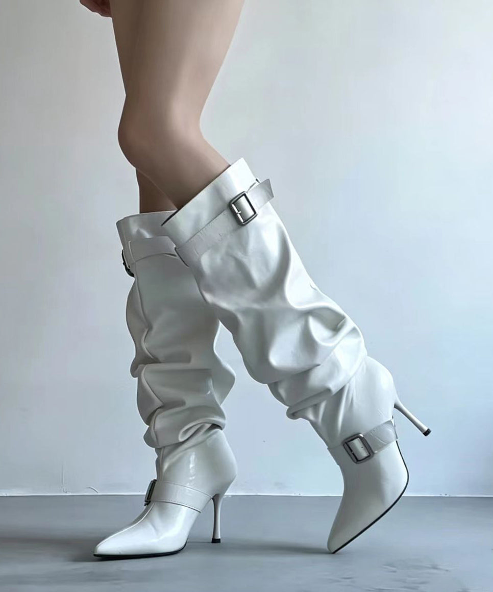Vintage White Buckle Strap Pointed Toe Ruched Stiletto Knee High Boots