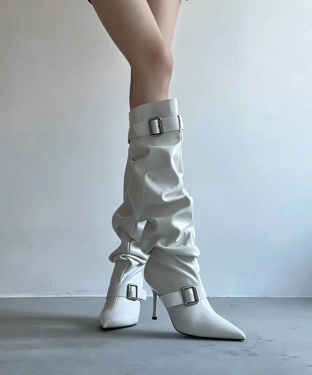 Vintage White Buckle Strap Pointed Toe Ruched Stiletto Knee High Boots