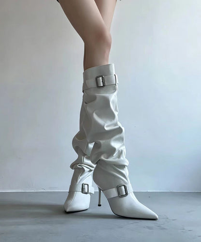 Vintage White Buckle Strap Pointed Toe Ruched Stiletto Knee High Boots