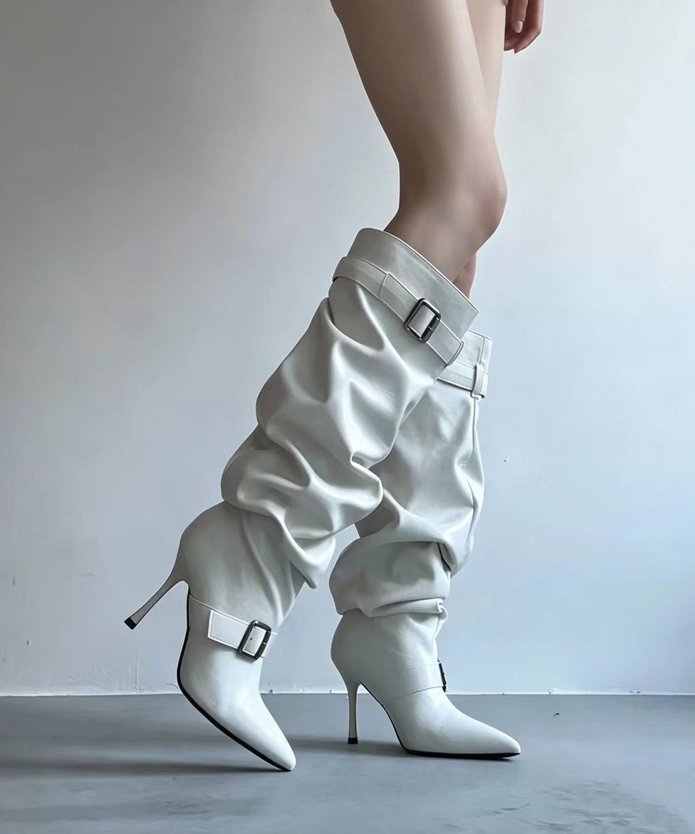 Vintage White Buckle Strap Pointed Toe Ruched Stiletto Knee High Boots