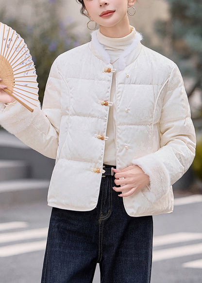 Vintage White Chinese Button Patchwork Mink Hair Duck Down Winter Coats