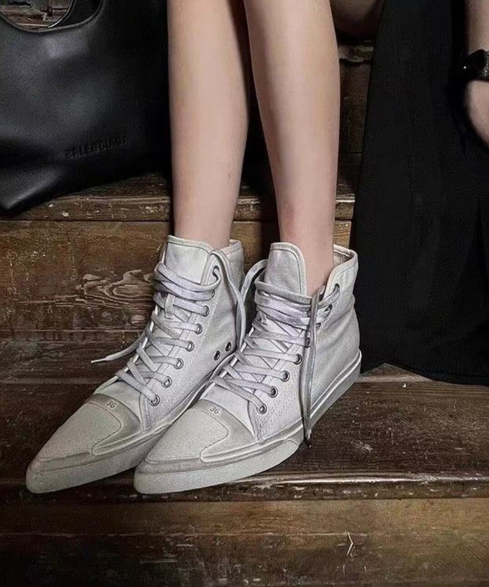 Vintage White Disressed Washed Lace Up Pointed Toe Wedge High Top Sneakers