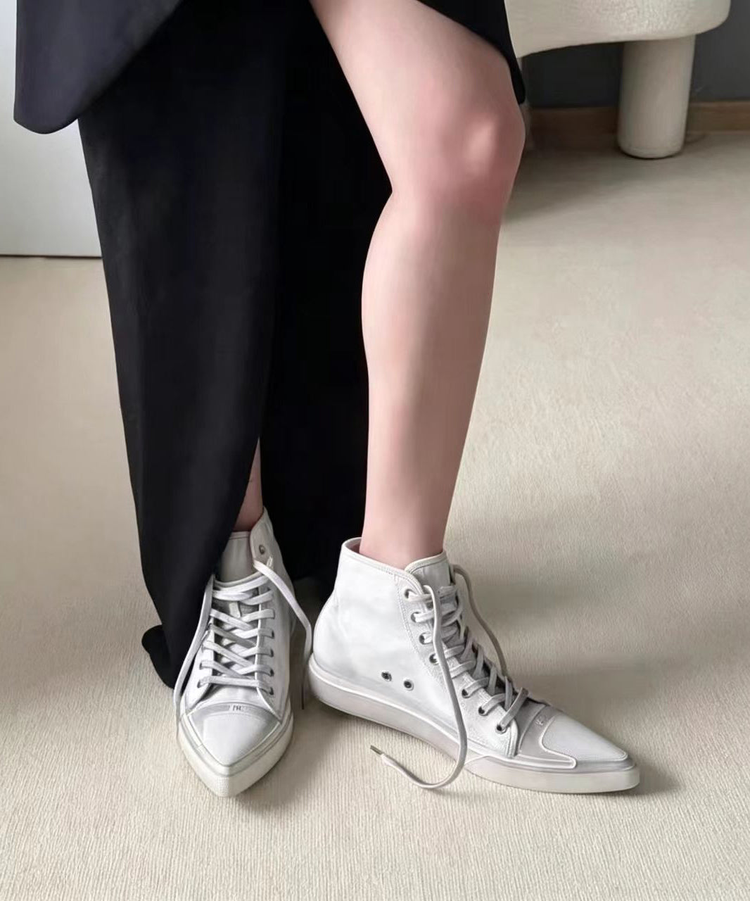 Vintage White Disressed Washed Lace Up Pointed Toe Wedge High Top Sneakers