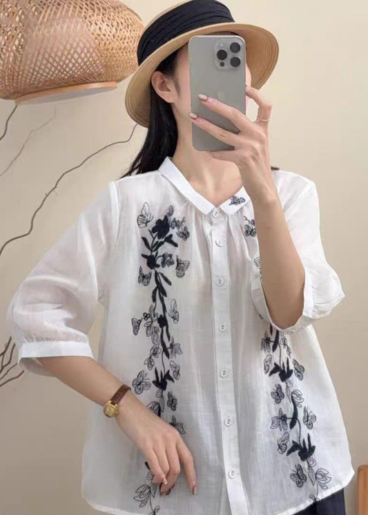 Vintage White Embroidered Butterfly Linen Blouses Bracelet Sleeve