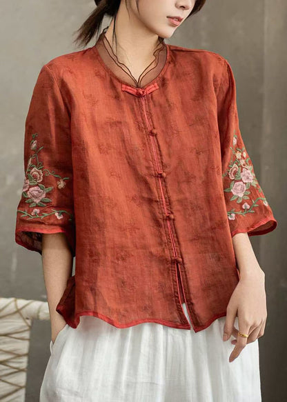 Vintage White Embroidered Chinese Button Linen Blouse Top Half Sleeve